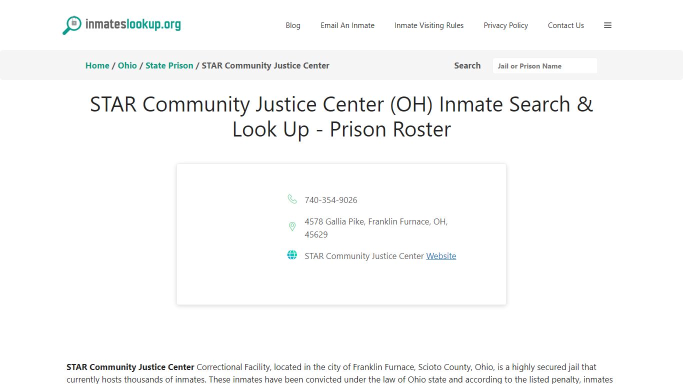 STAR Community Justice Center (OH) Inmate Search & Look Up - Inmate Lookup